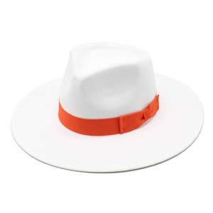 Detailed view of a white wool felt fedora with a vibrant orange grosgrain ribbon band