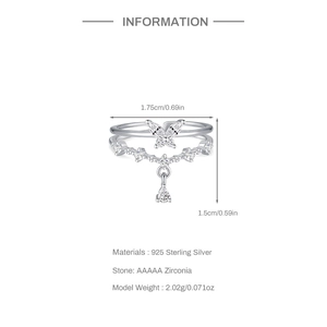 Detailed view of S925 silver double-layer butterfly ring with AAAAA zircon size specs