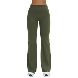 Pantalon de yoga évasé vert olive à taille haute avec contrôle du ventre pour femme