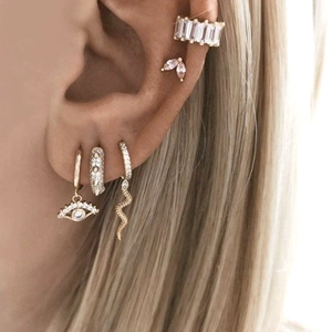 Chic S925 silver needle eye and snake earring set with cubic zirconia on model