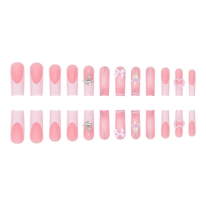 Pink press-on nail kit with 3D resin bows, pearls, and cute cartoon duck charms