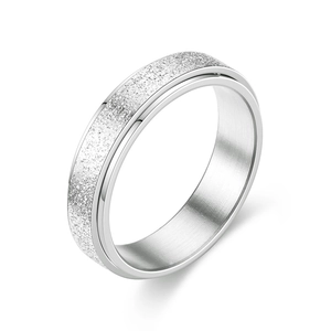 Macro detail of silver frosted stainless steel ring with polished edges and matte finish