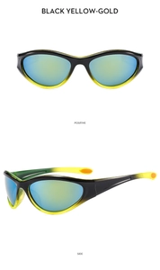 Front and side views of Y2K sporty sunglasses with black-yellow frame and blue-green lenses