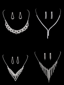 Rhinestone Necklace And Earrings For Bridal Wedding Party Elegant Silver Plated Shiny Jewelry Accessories Women