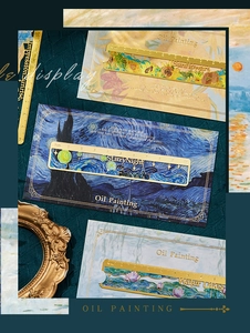 Detail of artistic 10cm gold metal ruler bookmark with Van Gogh oil painting patterns