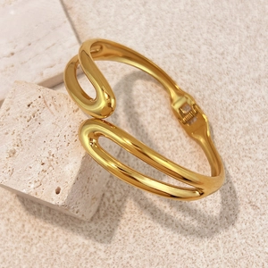 Minimalist gold titanium steel open bangle featuring a unique hollow dual-ring design