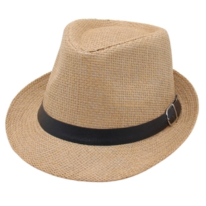 Classic straw fedora hat with black faux leather band and silver buckle for summer sun protection