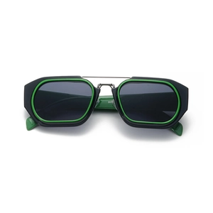 Retro small square frame sunglasses in black and green two-tone design with dark grey lenses