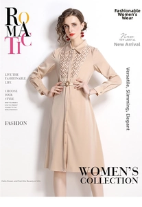 Detailed view of beige long-sleeve shirt dress with woven chest texture and belted waist