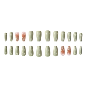 Long trapezoidal press-on nails in dusty green and nude pink with pearls and ribbons