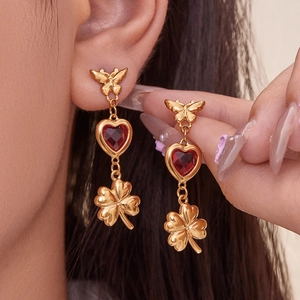 Golden stainless steel drop earrings with butterfly, red heart stone and clover charms
