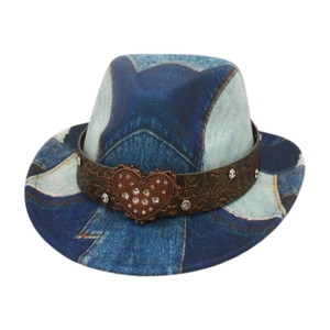 Blue denim style cowboy hat for kids with heart buckle and rhinestone belt decoration