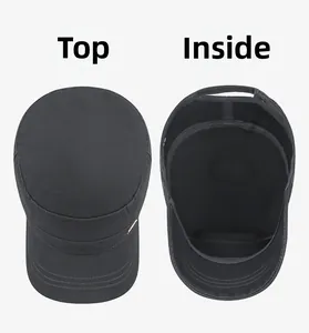 Détails du sommet et de la doublure intérieure d'une casquette plate noire en coton