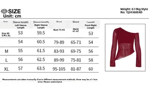 Guide des tailles pour haut en maille à épaule dénudée avec mesures pour XS, S, M, L, XL