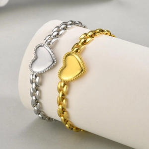 Polished stainless steel heart charm bracelets in gold and silver watchband style links