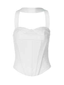 Top a fascia bianco in pizzo floreale con scollo all'americana e stecche di supporto