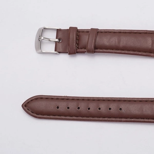 Detail of dark brown leather watch strap with silver buckle and reinforced stitching