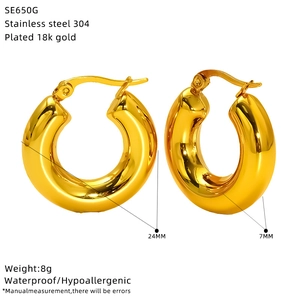 Macro view of 24mm 18k gold plated stainless steel hollow hoop earrings with size labels