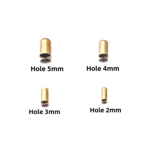 Detailed view of gold stainless steel end caps in 2mm to 5mm hole sizes for DIY jewelry