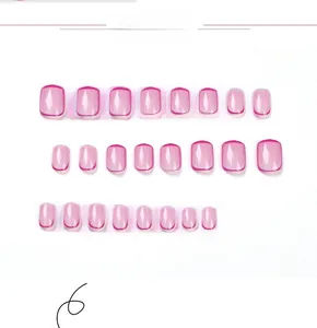 Detailed view of pink jelly press-on nails with dark purple French tips and 3D cut texture