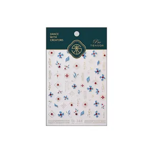 3D embossed floral nail art stickers TL-248 with blue flowers and gold accents