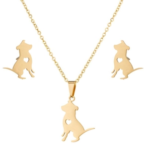 Macro shot of golden stainless steel jewelry set featuring hollow heart puppy motifs