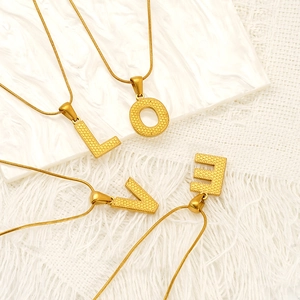 Golden titanium steel snake chain necklace with grainy textured LOVE letter pendants