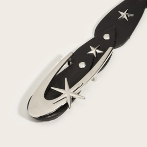 Retro black leather belt with silver star buckle and metallic rivet accents for women