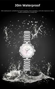 Macro detail of silver petal-shaped watch bezel with 30m waterproof splash effect