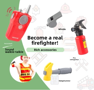 Detailed firefighter costume set featuring vest, extinguisher, radio, and hammer tools