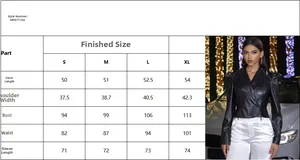 Detailed size chart for black PU leather jacket with model wearing the cropped coat