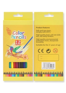 Front and back detail of 12-pack color pencils box with CE certification and hummingbird design