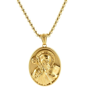 3D St. Benedict relief medal pendant in 18k gold plated stainless steel on a white background