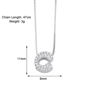 Detailed size specifications for silver letter C pendant necklace with zircon stones