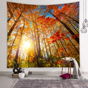 Detailed view of autumn forest tapestry with golden maple leaves on a white brick wall