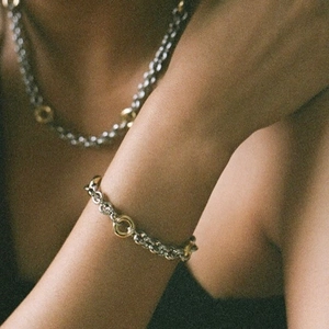 Two-tone 18K gold and silver chunky chain bracelet and necklace set for women