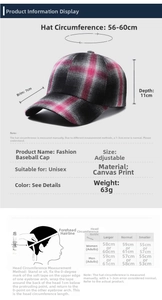 Detailed size chart for plaid baseball cap with adjustable strap and measurement guide