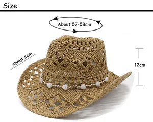 Detailed size chart for straw cowboy hat showing 8cm brim width and 57cm circumference