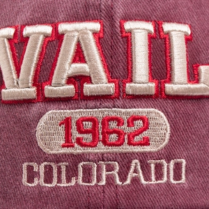 Burgundy washed cotton baseball cap with Vail Colorado 1962 3D letter embroidery