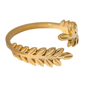 Minimalist golden leaf open ring made of durable stainless steel for women on white background