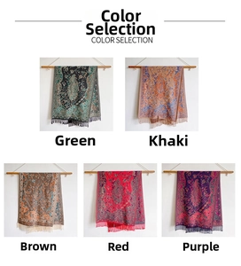 Detailed view of paisley patterns and fringe edges on five colored shawls