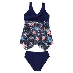 Three-piece girls high-stretch nylon swimsuit with tropical floral mesh skirt and V-neck top