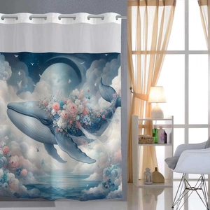 Detail view of double-layer shower curtain with whale and floral patterns in dream blue style