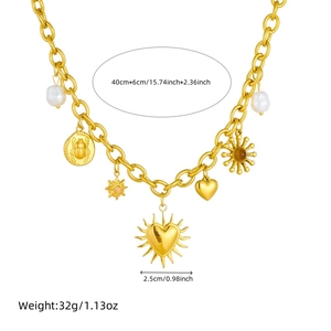 Gold-plated chunky chain necklace with pearl and sun heart beetle charms, 40cm+6cm length