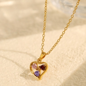 Elegant 18k gold heart pendant necklace with pink and purple zircon stones inlay