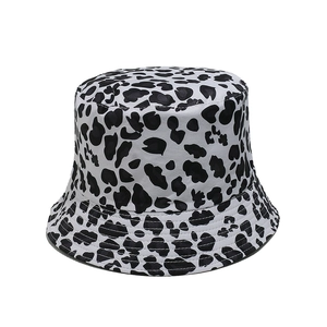 Close-up of leopard print bucket hat showing durable stitching on the wide brim