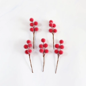 5-piece frosted red artificial berry picks on white marble background for Christmas decor