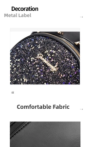 Detail of black sequin backpack featuring a metal 'Goddess' plaque and zipper closure