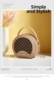 Détail du mini sac rond avec logo, bandoulière chaîne et insert à motif floral