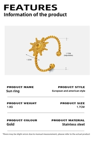 Detail view of 18K gold plated sun ring showing 1.7cm adjustable size and 1.8g weight